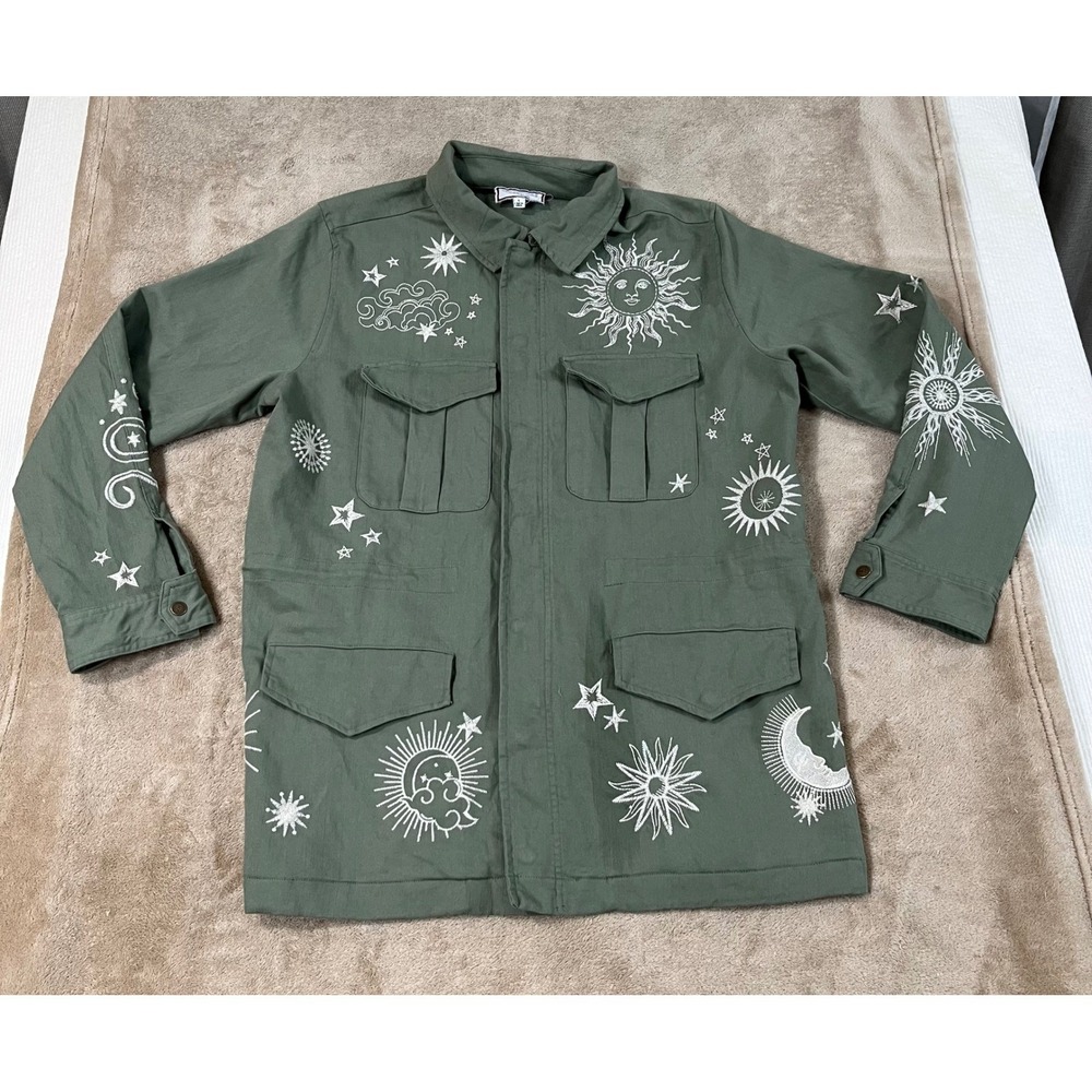 Johnny Was Workshop Celestial Embroidered Utility Jacket Women L Green W44424-1